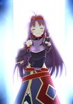  breastplate closed_eyes detached_sleeves fingerless_gloves gloves grin hairband hand_on_hip highres leotard long_hair negishio pointy_ears purple_hair smile sword_art_online v yuuki_(sao) 