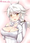  alternate_costume blush braid breasts cleavage_cutout embarrassed hand_on_own_chest izumi_akane kantai_collection large_breasts looking_at_viewer meme_attire nose_blush open-chest_sweater open_mouth ribbed_sweater silver_hair single_braid solo sweater turtleneck twitter_username unryuu_(kantai_collection) wavy_hair yellow_eyes 