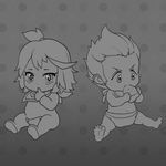  2boys baby bib cookie diaper food greyscale kill_la_kill matoi_ryuuko monochrome multiple_boys pajamas sanageyama99 sanageyama_uzu senketsu 