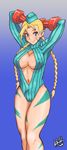  antenna_hair arms_behind_head arms_up blue_eyes blue_leotard bodypaint braid breasts cammy_white camouflage center_opening cleavage covered_nipples garrison_cap hat highres hori_shin large_breasts leotard long_hair no_bra ribbed_leotard scar shoulder_pads smile solo standing street_fighter street_fighter_zero_(series) turtleneck twin_braids 