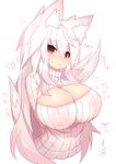  animal_ear_fluff animal_ears blush breasts brown_eyes cleavage cleavage_cutout covered_nipples downscaled fox_ears fox_tail highres inverted_nipples large_breasts long_hair mamuru md5_mismatch meme_attire open-chest_sweater original resized ribbed_sweater simple_background solo sweater tail white_background white_hair 