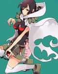  alternate_skin_color bad_id bad_pixiv_id black_hair breasts cloak gen_3_pokemon grey_legwear halto_(citrus) hiding higana_(pokemon) highres holding holding_poke_ball kneeling large_breasts over-kneehighs poke_ball poke_ball_(generic) pokemon pokemon_(creature) pokemon_(game) pokemon_oras red_eyes short_hair short_ponytail shorts solo_focus thighhighs whismur 