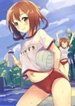  &gt;_&lt; :&lt; alternate_costume arms_up brown_eyes brown_hair buruma closed_eyes day folded_ponytail gym_uniform hair_ornament ikazuchi_(kantai_collection) inazuma_(kantai_collection) kantai_collection long_hair looking_at_viewer mizuta_kenji multiple_girls outdoors shirt short_hair sportswear sweat twitter_username white_shirt 