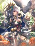  bare_shoulders bird bird_on_hand breasts cleavage cowboy_shot feathers flower hair_ornament jewelry large_breasts long_hair looking_at_viewer navel orange_eyes original shintou side_slit silver_hair solo sword thighhighs thighs weapon 