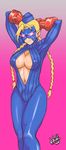  antenna_hair arms_behind_head arms_up blue_leotard braid breasts center_opening cleavage covered_nipples decapre garrison_cap glowing glowing_eyes hat highres hori_shin large_breasts leotard long_hair mask no_bra pantyhose red_eyes ribbed_leotard scar shoulder_pads smile solo standing street_fighter street_fighter_zero_(series) twin_braids 