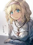  1girl alice_margatroid alternate_costume blonde_hair blue_eyes blush breasts cleavage cleavage_cutout geppewi jewelry looking_at_viewer necklace open-chest_sweater open_mouth ribbed_sweater short_hair sketch solo sweater touhou translation_request 