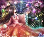  black_hair breasts collarbone floral_print forest frilled_skirt frills glowing hand_up hime_cut houraisan_kaguya japanese_clothes kimono long_hair long_skirt looking_to_the_side medium_breasts nature night night_sky rainbow_order red_eyes satoji_(ochanomkmskry) skirt sky smile solo star_(sky) touhou tree 