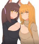  animal_ears blonde_hair blush breast_press breasts brown_hair cleavage cleavage_cutout large_breasts long_hair looking_at_viewer meme_attire multiple_girls nao_(ritsancrossover) open-chest_sweater original ponytail ribbed_sweater simple_background smile sweater white_background yellow_eyes 