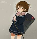  2014 brown_eyes brown_hair chiyu_(cotoritori) coat downscaled drum_(container) folded_ponytail gloves inazuma_(kantai_collection) kantai_collection md5_mismatch resized rope scarf snow solo twitter_username 