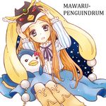  adjusting_clothes adjusting_hat animal_hat bird blue_eyes bow brown_hair copyright_name hat long_hair looking_at_viewer mawaru_penguindrum open_mouth penguin penguin_3-gou penguin_hat simple_background sitting star takakura_himari very_long_hair waka_(merryfishes) white_background 