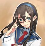  aqua_eyes aqua_hairband black-framed_eyewear black_hair blue_eyes glasses hair_between_eyes hairband jpeg_artifacts kantai_collection light_smile long_hair long_sleeves looking_at_viewer lowres necktie nishieda ooyodo_(kantai_collection) semi-rimless_eyewear sketch solo under-rim_eyewear upper_body 