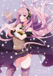  artist_name blue_eyes character_name collar floating_hair headphones highres long_hair megurine_luka megurine_luka_(vocaloid4) mythless parted_lips pink_hair skirt solo thighhighs v4x very_long_hair vocaloid 