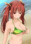  adjusting_clothes adjusting_swimsuit beach bikini blurry blush breasts brown_eyes collarbone depth_of_field green_bikini hair_ribbon highres inu_(mezonsidepark) long_hair looking_at_viewer medium_breasts navel original red_eyes red_hair ribbon side-tie_bikini solo swimsuit twintails upper_body 