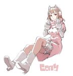  adjusting_clothes boots brown_hair coat connie_(freedom_wars) freedom_wars full_body gebyy-terar gloves headphones looking_at_viewer pantyhose shorts sitting solo white_background 