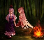  arm_support bamboo bamboo_forest bow campfire closed_eyes collared_shirt dress fire forest fujiwara_no_mokou hair_bow hat highres kamishirasawa_keine log long_hair multiple_girls nature profile shirt shoes sitting smile suspenders tansuan_zhanshi touhou very_long_hair white_hair 