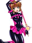  :d ahoge arm_up bad_end_happy bad_end_happy_(cosplay) bad_end_precure black_bodysuit black_gloves bodysuit brown_hair cardcaptor_sakura cosplay fingerless_gloves gloves green_eyes hair_intakes highres hoshi_no_tsue kinomoto_sakura kneeling latex miniskirt open_mouth pink_skirt precure sen_(sansui) short_hair skirt smile smile_precure! solo wand white_background 