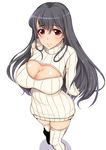  black_hair blush breasts cleavage cleavage_cutout fusou_(kantai_collection) highres kantai_collection large_breasts long_hair meme_attire open-chest_sweater red_eyes ribbed_sweater smile solo sweater tanizakura_shidare turtleneck 