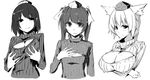  3girls animal_ears breast_hold breasts cleavage cleavage_cutout flat_chest hand_on_own_chest hat himekaidou_hatate inubashiri_momiji kamukamu_(ars) large_breasts looking_at_viewer monochrome multiple_girls open-chest_sweater pointy_ears ribbed_sweater self_fondle shameimaru_aya simple_background smile sweater team_shanghai_alice tokin_hat touhou turtleneck twintails upper_body white_background wolf_ears 