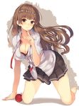  apple arm_support bra breasts brown_eyes brown_hair cleavage food fruit highres kneeling large_breasts long_hair looking_at_viewer mizuyoukan_(mikususannda) open_clothes open_shirt original pleated_skirt ribbon shirt simple_background skirt smile solo underwear white_background 