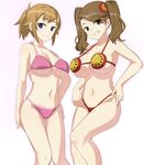  bikini blue_eyes breasts brown_eyes brown_hair caryo cleavage gradient gradient_background grin gundam gundam_build_fighters gundam_build_fighters_try hair_ornament halterneck hand_on_hip hoshino_fumina large_breasts long_hair looking_at_viewer multiple_girls nanashino navel outline pink_bikini ponytail red_bikini sazaki_kaoruko scrunchie smile strap_gap swimsuit twintails underboob 