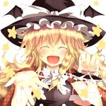  acoco blonde_hair blush bow braid capelet hat hat_bow kirisame_marisa lamp long_hair lowres open_mouth side_braid smile star touhou white_bow witch_hat 