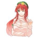  alternate_costume braid breasts cleavage cleavage_cutout green_eyes hat hong_meiling large_breasts long_hair long_sleeves meme_attire one_eye_closed open-chest_sweater red_hair ribbed_sweater solo star sweater tansuan_zhanshi touhou twin_braids upper_body very_long_hair 