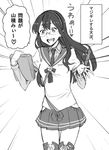  book breasts feathers glasses greyscale hairband kantai_collection long_hair monochrome ooyodo_(kantai_collection) open_mouth school_uniform serafuku skirt small_breasts smile solo thighhighs translated yanagida_fumita 