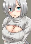  alternate_costume blue_eyes breast_hold breasts cleavage cleavage_cutout fuuma_nagi grey_background hair_ornament hairclip hamakaze_(kantai_collection) jpeg_artifacts kantai_collection large_breasts looking_at_viewer meme_attire open-chest_sweater ribbed_sweater short_hair silver_hair smile solo sweater turtleneck upper_body 