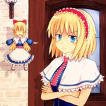  acoco alice_margatroid angry apron ascot blonde_hair blue_eyes blush bow capelet closed_eyes crossed_arms frown hair_bow hairband highres long_hair open_mouth shanghai_doll short_hair smile touhou waist_apron 