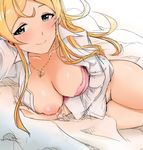  bad_id bad_twitter_id blonde_hair blue_eyes blush bottomless breasts collarbone heart heart_necklace idolmaster idolmaster_million_live! inverted_nipples jewelry large_breasts long_hair looking_at_viewer necklace nipple_slip nipples pendant pink_background puffy_nipples shinomiya_karen shiny shiny_skin sketch smile solo upanishi 
