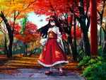  ascot autumn autumn_leaves bad_id bad_pixiv_id blue_sky bow brown_eyes brown_hair bush dappled_sunlight day detached_sleeves forest full_body hair_bow hair_tubes hakurei_reimu kinoto_(ruindivinity) long_hair long_skirt nature peaceful red_skirt ribbon-trimmed_sleeves ribbon_trim shade shadow shoes skirt sky solo standing sunlight touhou tree tree_shade white_legwear wind 