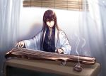  1boy brown_hair closed_mouth curtains eyebrows_visible_through_hair incense incense_burner instrument instrument_request kangetsu_(fhalei) long_hair long_sleeves male_focus music original playing_instrument purple_eyes smoke solo upper_body wide_sleeves 