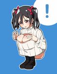  1girl :o black_hair blue_background breast_conscious cleavage_cutout knees loafers long_hair love_live! love_live!_school_idol_project meme_attire nail_polish no_pants open-chest_sweater red_eyes ribbed_sweater shoes skull573 solo sweater turtleneck twintails v-shaped_eyebrows yazawa_nico 