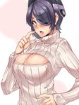  blush breasts cleavage cleavage_cutout embarrassed eyepatch finger_to_face from_side hand_on_hip highres kantai_collection large_breasts long_sleeves looking_at_viewer meme_attire open-chest_sweater purple_hair ribbed_sweater simple_background solo sweater telescopic tenryuu_(kantai_collection) turtleneck upper_body yellow_eyes 