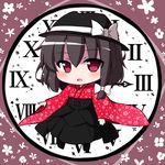  alternate_costume bow brown_hair chibi clock hair_bow hat japanese_clothes kimono open_mouth rensei short_hair skirt smile solo touhou usami_renko 