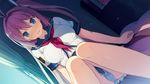  antenna_hair ao_no_kanata_no_four_rhythm aqua_eyes aqua_panties blush breasts curtains dutch_angle game_cg hair_intakes hair_ornament kurashina_asuka long_hair medium_breasts on_bed one_side_up panties pantyshot pantyshot_(sitting) school_uniform serafuku sitting skirt solo suzumori sweat underwear wavy_mouth window 