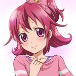  absurdres aida_mana bad_id bad_pixiv_id blush bow closed_mouth dokidoki!_precure face flipped_hair half_updo highres pink_bow pink_eyes pink_hair precure sharumon shirt short_hair smile solo white_background 