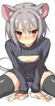  animal_ears black_legwear blush breasts cleavage_cutout greatmosu grey_hair highres meme_attire mouse_ears mouse_tail nazrin open-chest_sweater panties red_eyes ribbed_sweater short_hair simple_background small_breasts solo striped striped_panties sweater tail thighhighs touhou turtleneck underwear white_background 