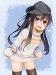  akatsuki_(kantai_collection) akino_shuu cleavage_cutout hat highres kantai_collection long_hair meme_attire open-chest_sweater open_mouth solo sweater thighhighs turtleneck 