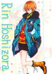  bag boots coat food gloves handbag hoshizora_rin looking_at_viewer love_live! love_live!_school_idol_project mouth_hold orange_hair pocky short_hair skirt smile solo sweater tima yellow_eyes 