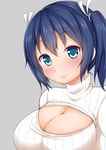  bad_id bad_pixiv_id blue_eyes blue_hair breasts cleavage cleavage_cutout hair_ribbon kantai_collection kisaragi_nana large_breasts meme_attire open-chest_sweater ribbed_sweater ribbon short_hair smile solo souryuu_(kantai_collection) sweater turtleneck twintails 