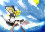  apron blonde_hair boots braid broom broom_riding cross-laced_footwear day hat kirisame_marisa monrooru open_mouth side_braid sky solo touhou waist_apron witch_hat yellow_eyes 