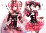  \m/ asymmetrical_gloves black_gloves black_hair cowboy_shot crown detached_collar double_\m/ earrings fur gloves heart jewelry love_live! love_live!_school_idol_project mini_crown moemoe3345 multiple_girls nishikino_maki pink_gloves purple_eyes red_eyes red_hair short_hair skirt twintails wand yazawa_nico 