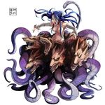  blue_hair breasts detached_sleeves eudetenis fur green_eyes hair_censor jewelry long_hair medium_breasts monster_girl multiple_heads navel necklace open_mouth project_ap saliva scylla sharp_teeth sidelocks simple_background solo teeth tentacles topless white_background yellow_eyes 