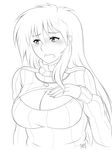  1girl blush breasts cleavage cleavage_cutout highres kira large_breasts long_hair monochrome open-chest_sweater open_mouth ra1 ribbed_sweater solo sweater turtleneck 