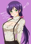  2014 :3 blush breasts cleavage cleavage_cutout dated green_eyes highres large_breasts long_hair looking_at_viewer love_live! love_live!_school_idol_project meme_attire open-chest_sweater purple_background rainforce simple_background solo suspenders sweater toujou_nozomi turtleneck twintails 