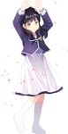  akb48 arms_up black_hair boots brown_eyes highres long_hair long_sleeves petals silverms2 solo takahashi_minami uniform white_background white_footwear 
