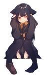  animal_ears ao68 bad_id bad_pixiv_id black_hair black_legwear cat_ears coat dot_nose full_body hands_on_own_head knees_together_feet_apart loafers long_hair long_sleeves necktie orange_eyes original pleated_skirt shoes simple_background single_shoe sitting skirt sleeves_past_wrists solo thighhighs white_background 