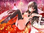  asymmetrical_legwear black_hair black_panties breasts cherry_blossoms cup drinking_glass flower gloves highres isokaze_(kantai_collection) kantai_collection long_hair medium_breasts panties petals red_eyes sakura_rock single_thighhigh smile solo thighhighs topless underwear wine_glass 