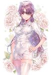  alternate_legwear covered_navel cowboy_shot dsmile eyepatch flower hand_on_hip hat mirai_nikki nurse nurse_cap purple_eyes purple_hair skin_tight solo thighhighs uryuu_minene zettai_ryouiki 